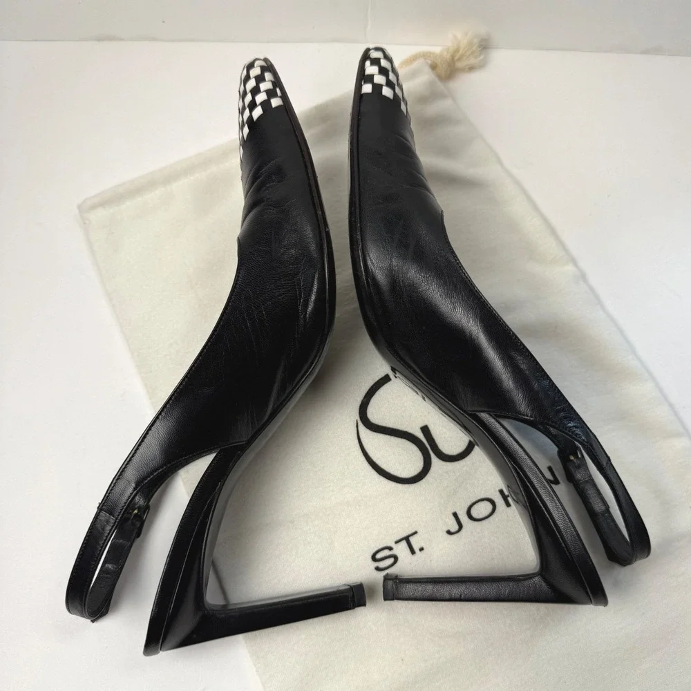 Vintage St. John Anna Slingback Pumps Two Tone Kitten Heel 8B Blk Leather‎ Italy